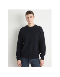 Pull en laine vierge mélangé chiné avec logo bleu homme - Hugo