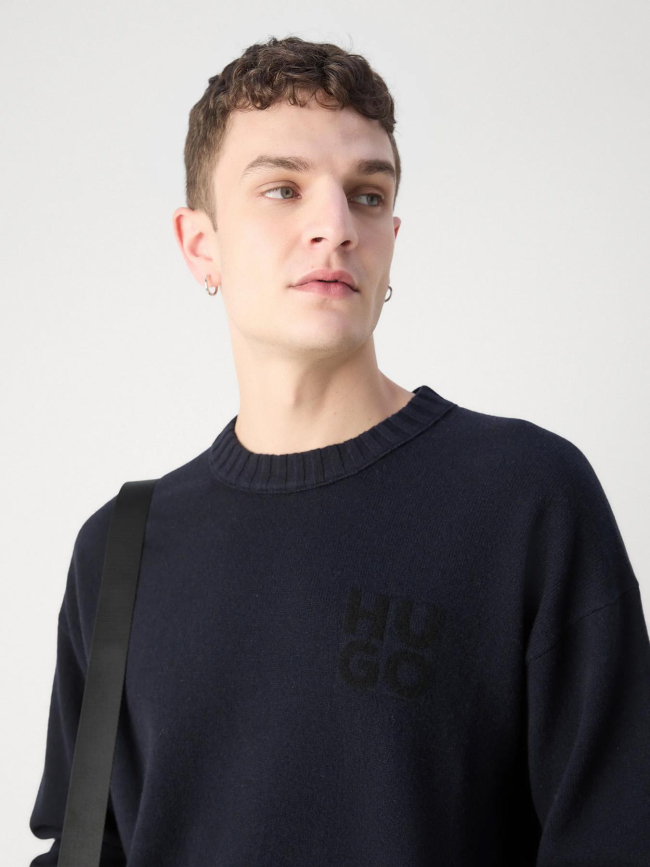 Pull en laine vierge mélangé chiné avec logo bleu homme - Hugo