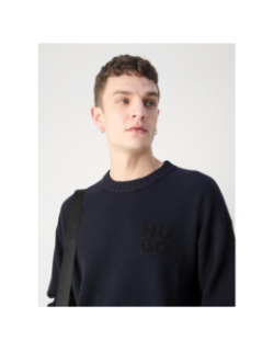 Pull en laine vierge mélangé chiné avec logo bleu homme - Hugo