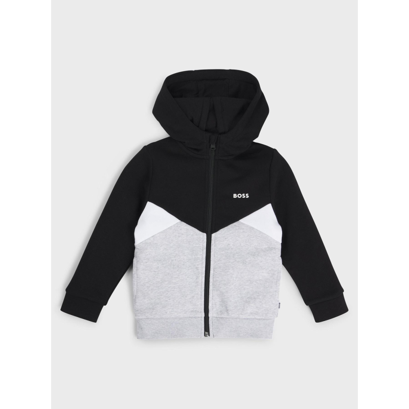 Sweat à capuche zippé collor block logo gris enfant - Boss