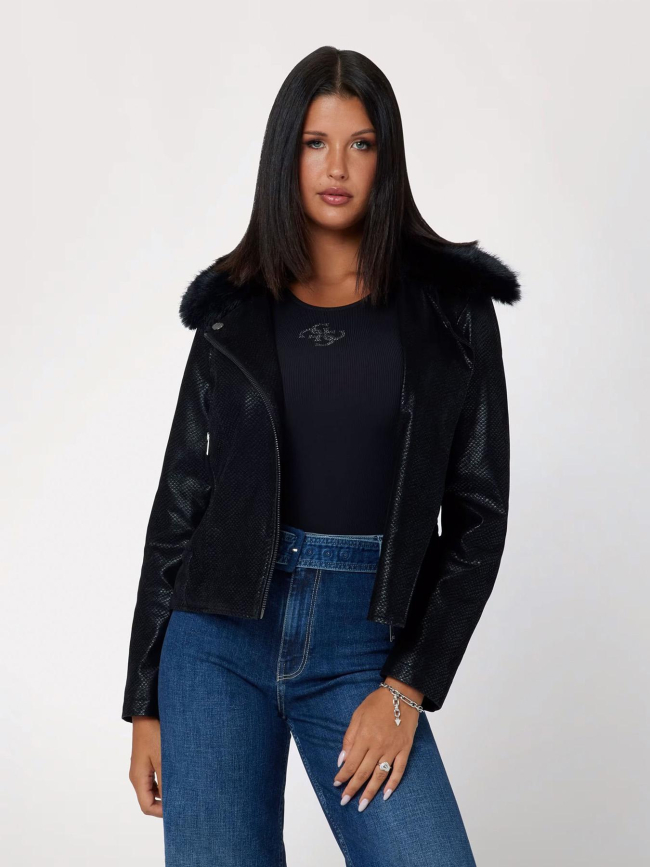 Blouson de motard similicuir à col amovible noir femme - Guess