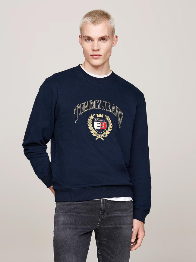 Sweat col ras-du-cou logo brodé bleu marine homme - Tommy Jeans