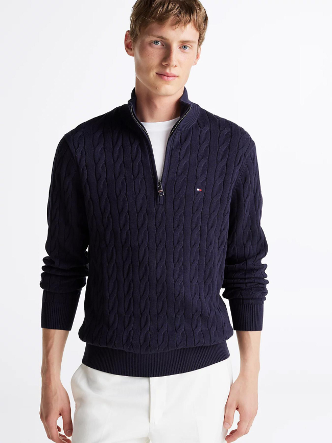 Pull zippé en maille torsadée bleu marine homme - Tommy Hilfiger