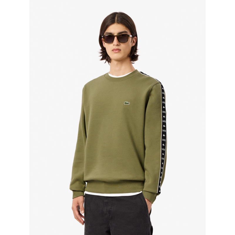 Sweatshirt bande siglées col rond kaki homme - Lacoste