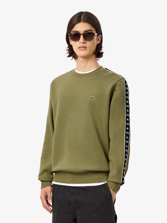 Sweatshirt bande siglées col rond kaki homme - Lacoste