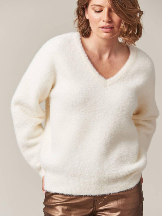 Pull col en v matière douce loubiana blanc femme - Deeluxe