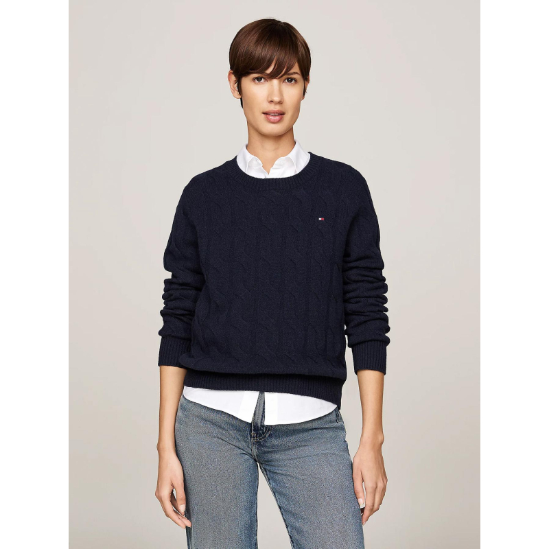 Pull en pure laine à maille torsadée bleu femme - Tommy Hilfiger