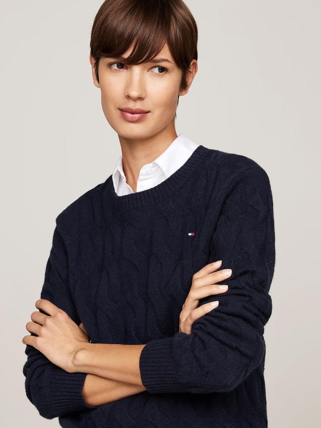 Pull en pure laine à maille torsadée bleu femme - Tommy Hilfiger