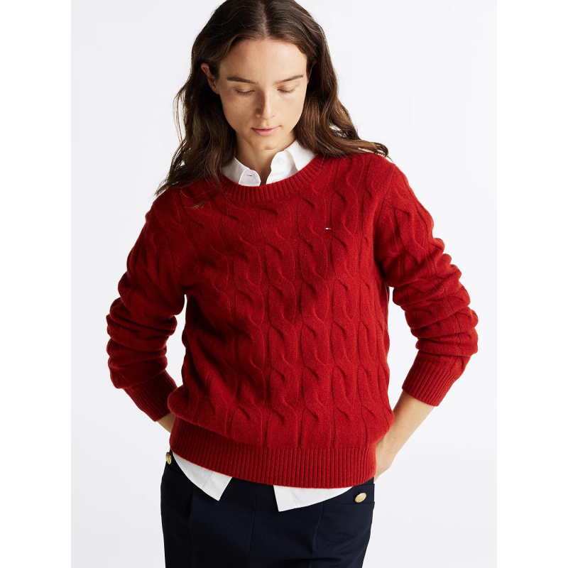 Pull en pure laine à maille torsadée rouge femme - Tommy Hilfiger