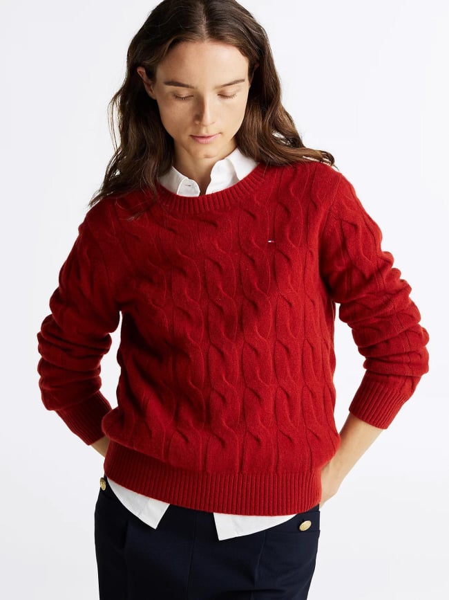 Pull en pure laine à maille torsadée rouge femme - Tommy Hilfiger