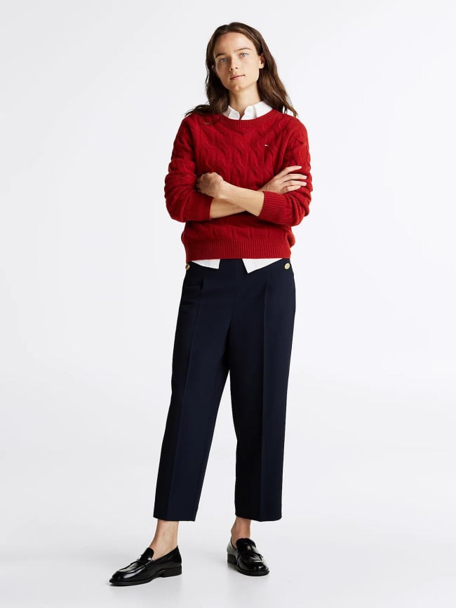 Pull en pure laine à maille torsadée rouge femme - Tommy Hilfiger