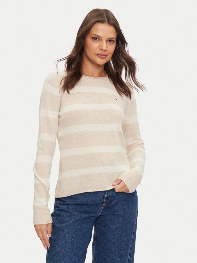 Pull rayé en laine soft beige femme - Tommy Hilfiger