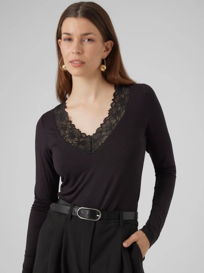 Top col v en dentelle rosa noir femme - Vero Moda