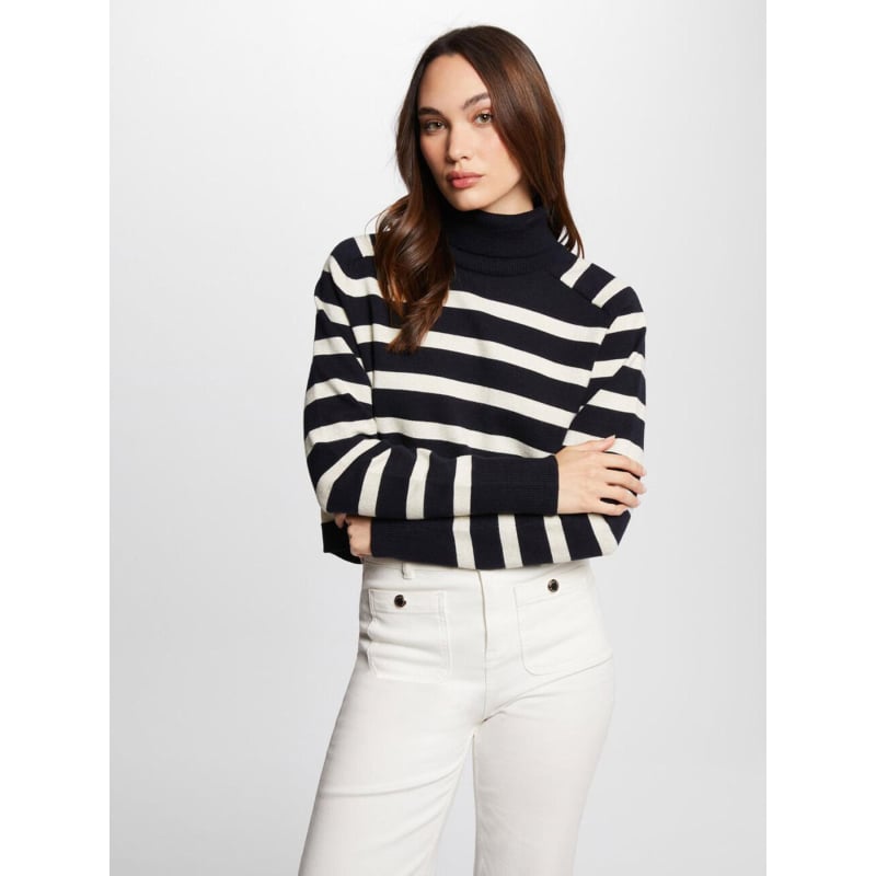 Pull col roulé rayé lagon pailleté bleu marine femme - Morgan