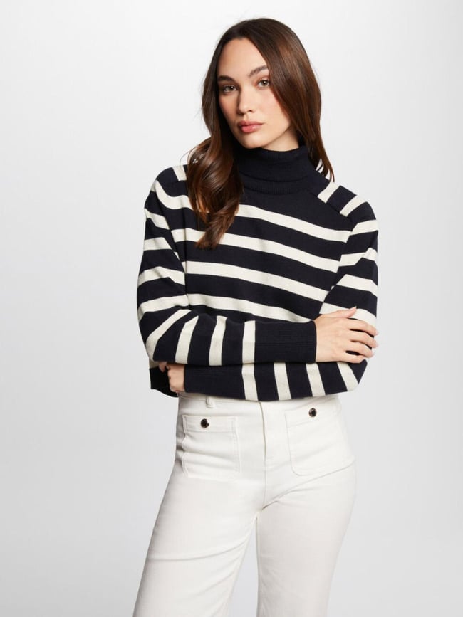 Pull col roulé rayé lagon pailleté bleu marine femme - Morgan