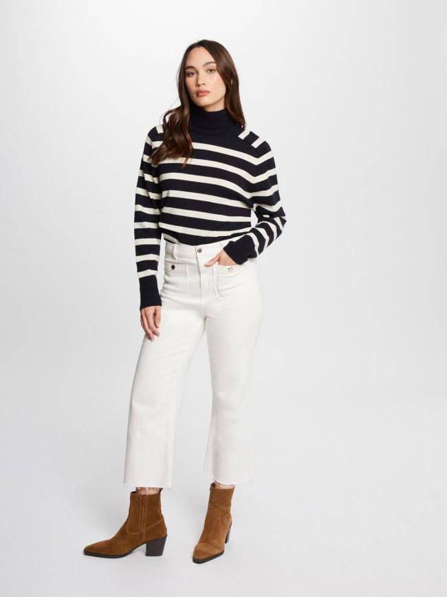 Pull col roulé rayé lagon pailleté bleu marine femme - Morgan