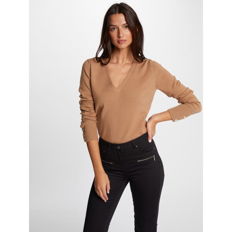 Pull manches longues col en V camel femme - Morgan