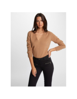 Pull manches longues col en V camel femme - Morgan