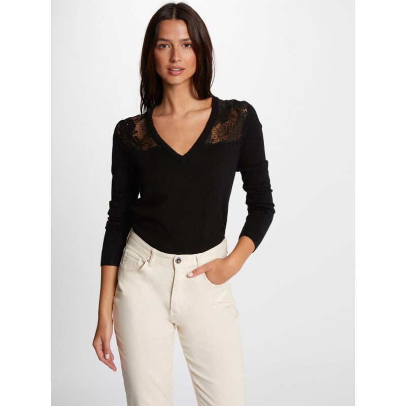 Pull col v dentelle course noir femme - Morgan