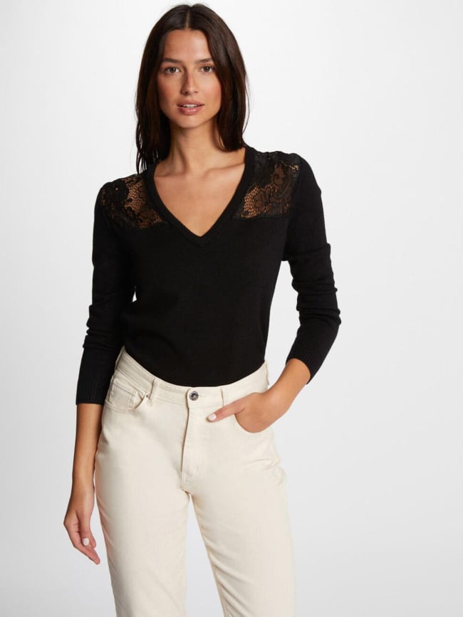 Pull col v dentelle course noir femme - Morgan