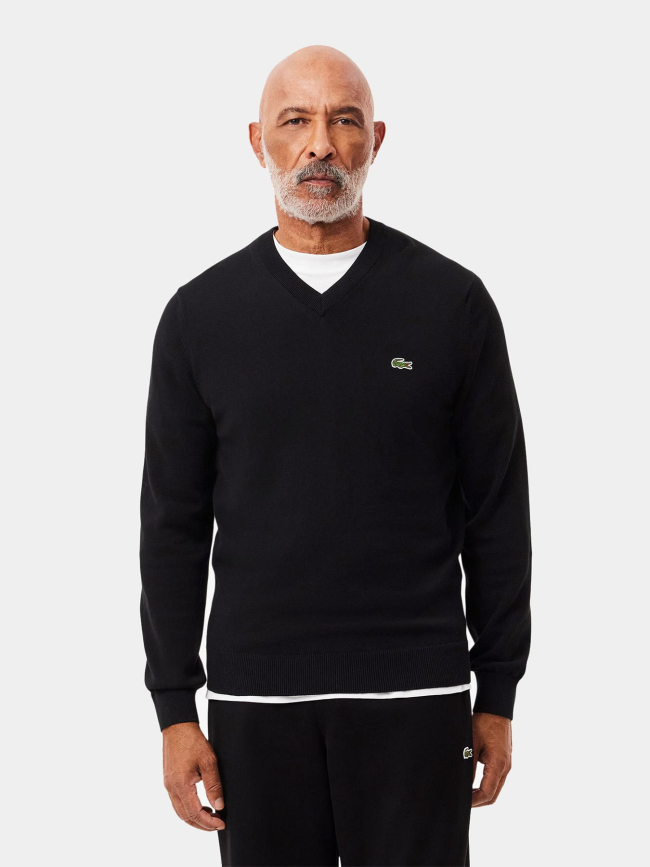 Pull fin à col en v noir homme - Lacoste