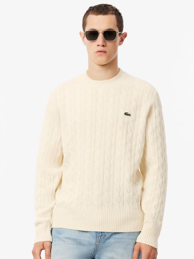 Pull col rond torsade en laine cardee blanc homme Lacoste wimod